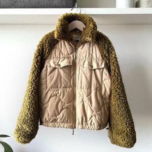 Universal Thread Quilted Moto Jacket Teddy Sherpa Sleeves, Size M, Beige/Green